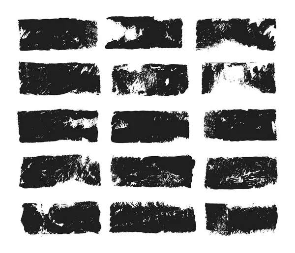Abstrakte schwarze Farbschmierereien isoliert auf weißem Hintergrund. rechteckige Flecken, die mit Farbwalze und schwarzem Acryl geschaffen wurden. Rechteckiges Textfeld. von Hand gezeichnete strukturierte Gestaltungselemente. — Stockvektor