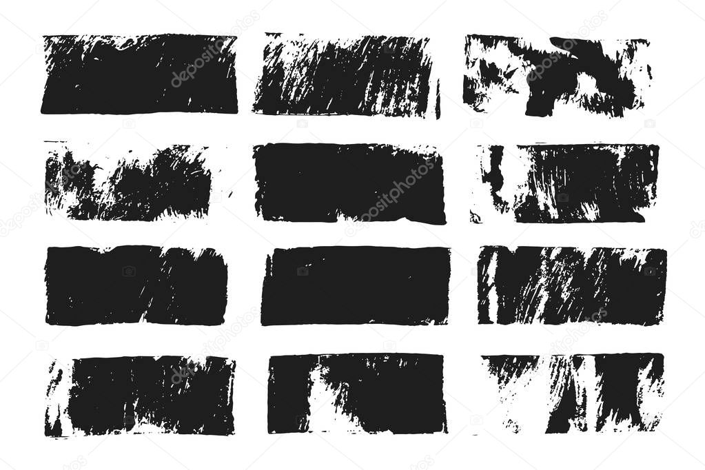 Set of rectangular text box. Grunge paint stripe. Vector brush stroke. Black grunge spots with place for your text. Spots created with paint roller and black acrylic. Elements for design.