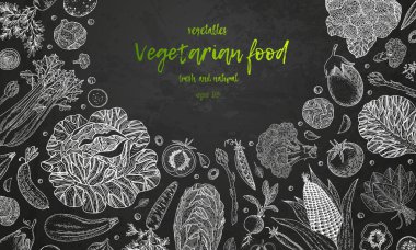 Taze sebze. El çizilen illüstrasyon kare sebze ile. Çiftlik market ürün. Kara tahta üzerinde sebze ile büyük sağlıklı gıda tasarım şablonu. Büyük tasarım menü, yemek tarifleri, afiş için.