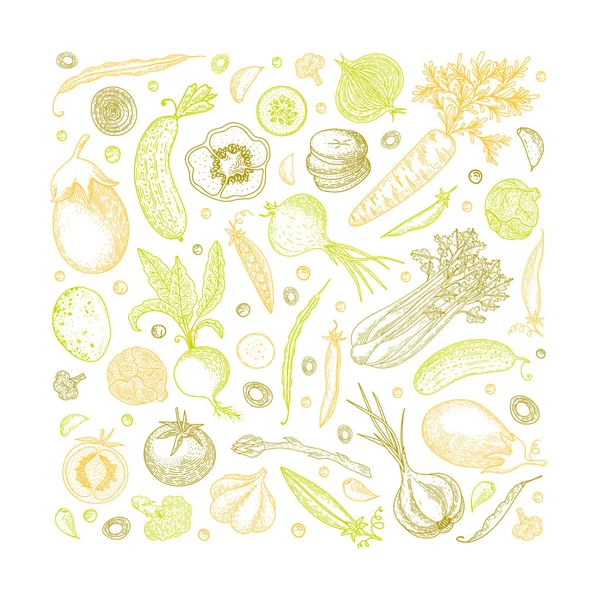 Composition vectorielle de légumes avec concombre, tomate, poivre, aubergine, pomme de terre, pois, carotte, brocoli. Modèle de conception d'aliments sains avec des légumes vecteurs. Idéal pour le menu de conception, recettes, affiche . — Image vectorielle