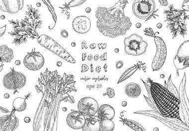 Organik gıda tasarım şablonu. Taze sebze. Çizim ayrıntılı Vejetaryen yiyecekler. Çiftlik market ürün. Etiket için büyük tasarım menü, yemek tarifleri, poster, tasarım, kağıt ambalaj.