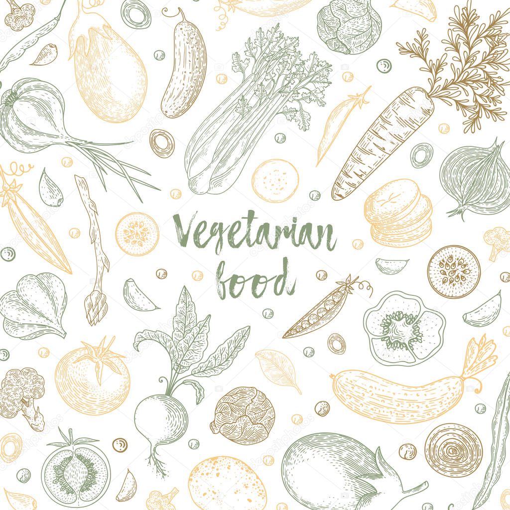 Organic food design template. Fresh vegetables background. Detailed vegetarian food drawing. Farm market product. Great for label, design menu, recipes, poster, packaging design, wrapping paper.