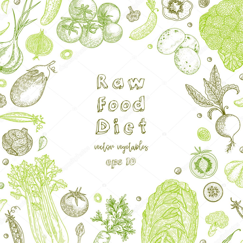 Raw food diet. Vegetarian vintage background with natural organic products. Healthy life. Vector composition of fresh vegetables. Detailed food drawing. Great for menu, banner, label, logo, flyer.
