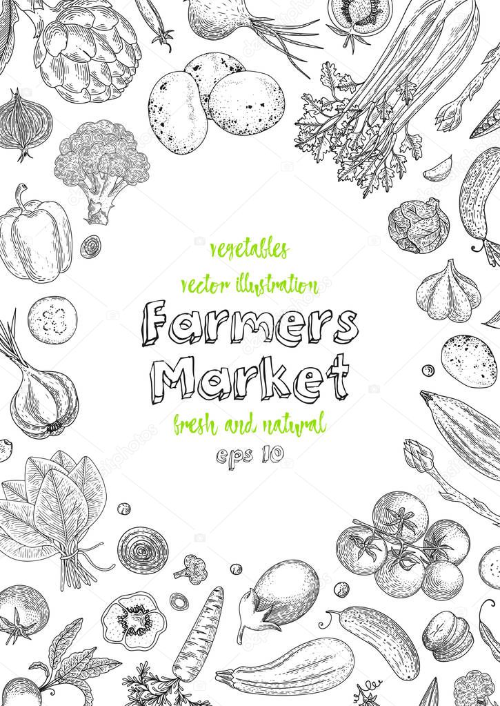 Farmers market menu design template. Vegetarian vintage background with natural organic products. Organic detailed vegetables food poster. Engraved style. Great for menu, banner, label, logo, flyer.