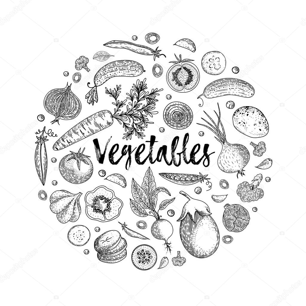 Vegetables top view frame. Ink hand drawn vector illustration. Farmers market menu design template. Organic vegetables food poster. Vintage hand drawn sketch vector illustration. Engraved style.