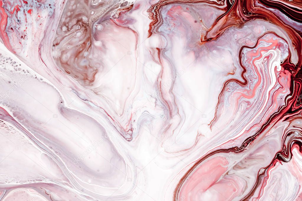 Swirls of marble or the ripples of agate. Liquid marble texture with pink, white and brown colors. Abstract painting background for wallpapers, posters, cards, invitations, websites. Fluid art.