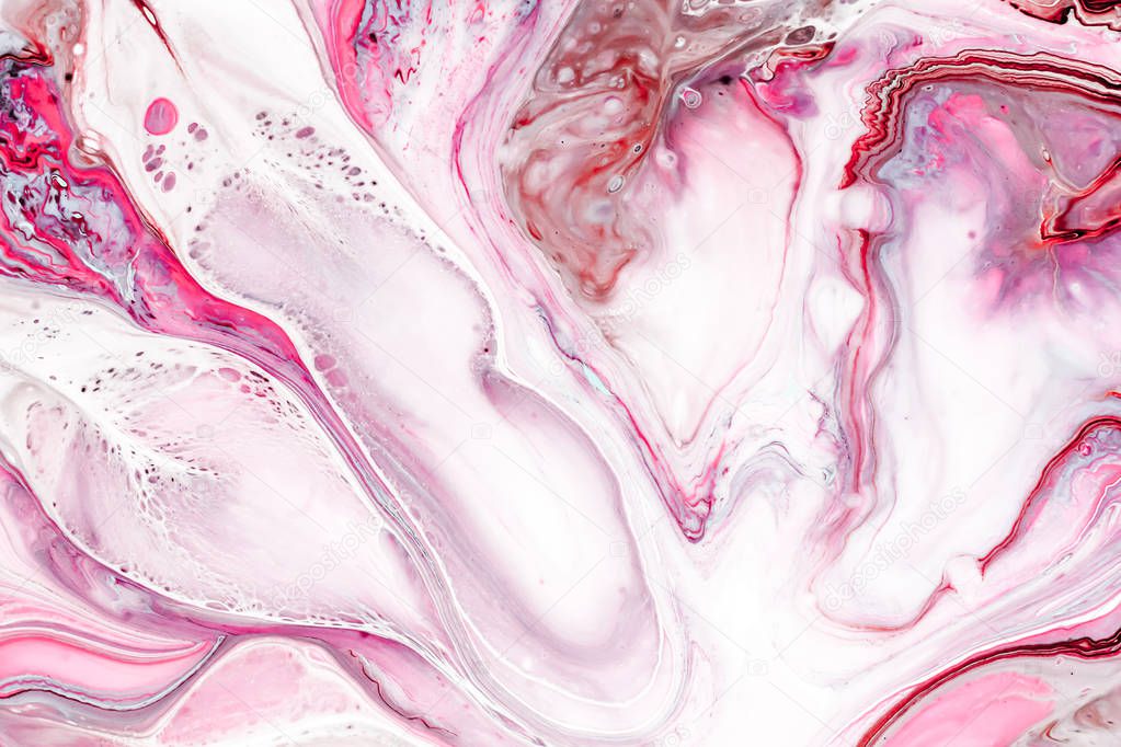 Pink and white marbles textures with acrylic painted waves. Abstract painting, can be used as a trendy background for wallpapers, posters, cards, invitations, websites. Marble texture. Fluid art.