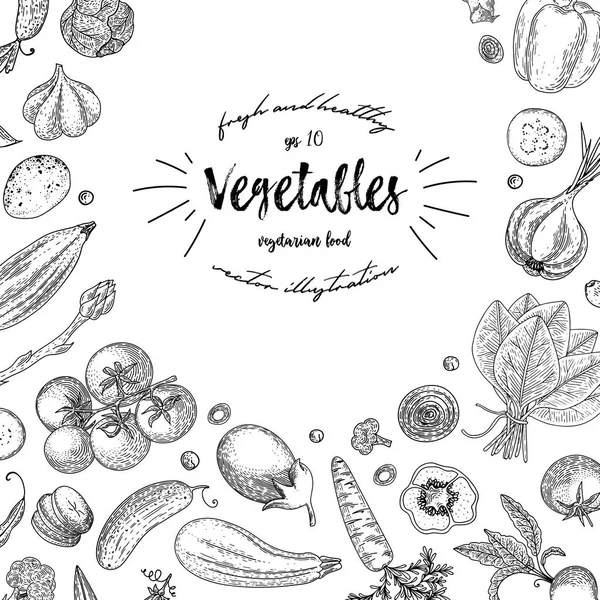 野菜は、ビュー フレームをトップします。インクの手には、ベクター グラフィックが描画されます。農民市場のメニュー デザインのテンプレート。有機野菜食品のポスター。ヴィンテージ手描きスケッチのベクター イラストです。刻まれたスタイル. — ストックベクタ