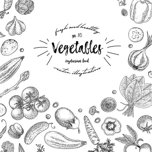 Moldura de vista superior de vegetais. Tinta desenhada à mão ilustração vetorial. Modelo de design de menu de mercado de agricultores. Cartaz de comida de legumes orgânicos. Vintage mão desenhada desenho ilustração vetorial. Estilo gravado . — Vetor de Stock