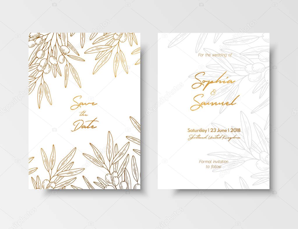 Wedding vintage invitation, save the date card with golden berries and branches sea buckthorn. Elegant gold botanical plant. Gold card template for save the date, invite, greeting card, place for text