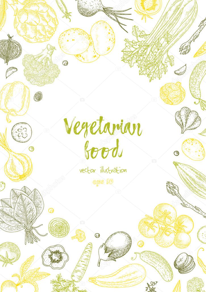 Vegetarian food. Vegetable hand drawn vintage vector illustration. Farm market poster. Healthy life. Vector composition of fresh vegetables. Detailed food drawing. Great for menu, banner, flyer.
