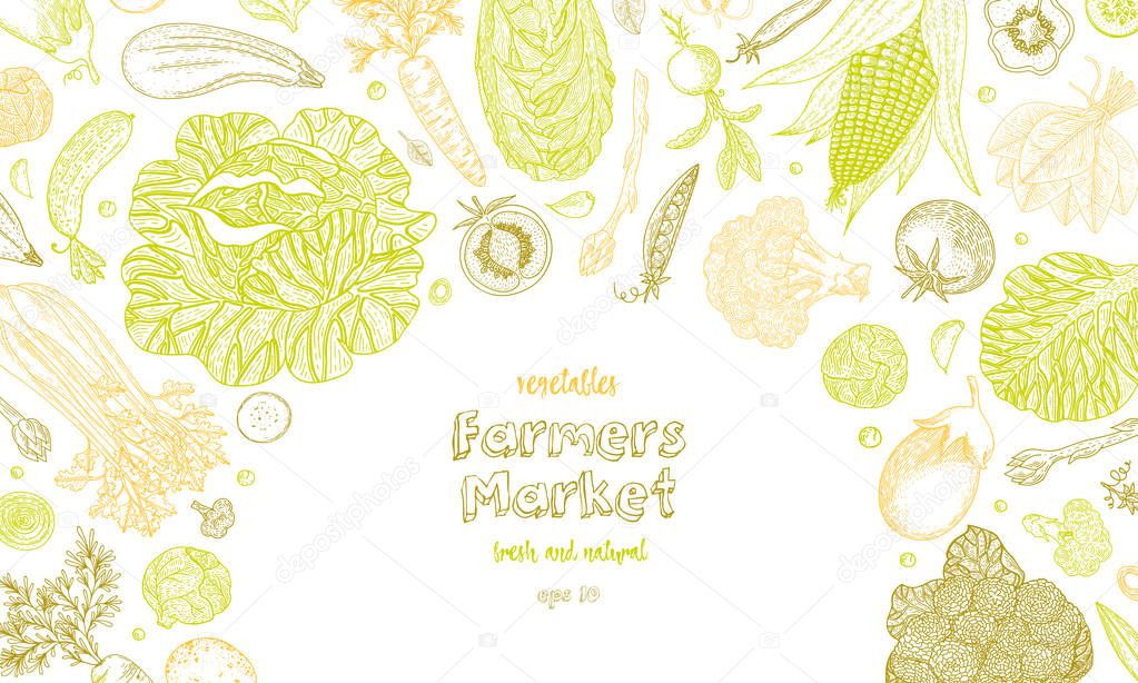 Vegetarian background with natural organic products. Hand drawn vector illustration. Organic vegetables food poster. Healthy food design template with vegetables. Great for design menu, recipes.