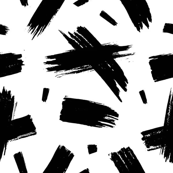 Brushstroke stripes and crosses vector seamless pattern. Black paint rough smears texture. Dry ink shapes on white background. Minimalistic decorative backdrop. Wrapping paper, textile grunge design. — ストックベクタ