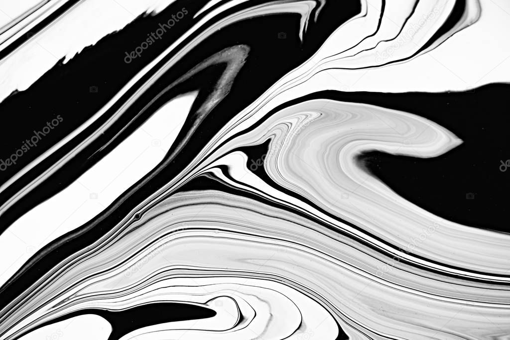 Monocolor alcohol ink marbling raster background. Liquid waves and stains minimalistic illustration. Black and white abstract fluid art. Acrylic and oil paint flow monochrome contemporary backdrop.