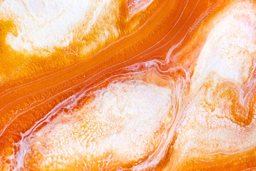Burnt orange liquid and white foam mixing raster background. Colorful fluid splashes realistic illustration. Golden oil paint flow. Water splatters contemporary backdrop
