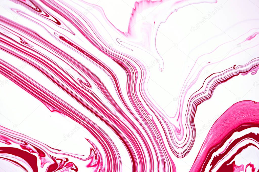 Bright pink marbling raster background. Liquid colorful waves minimalistic trendy illustration. Rose red and white abstract fluid art. Acrylic and oil paint flow creative contemporary backdrop.