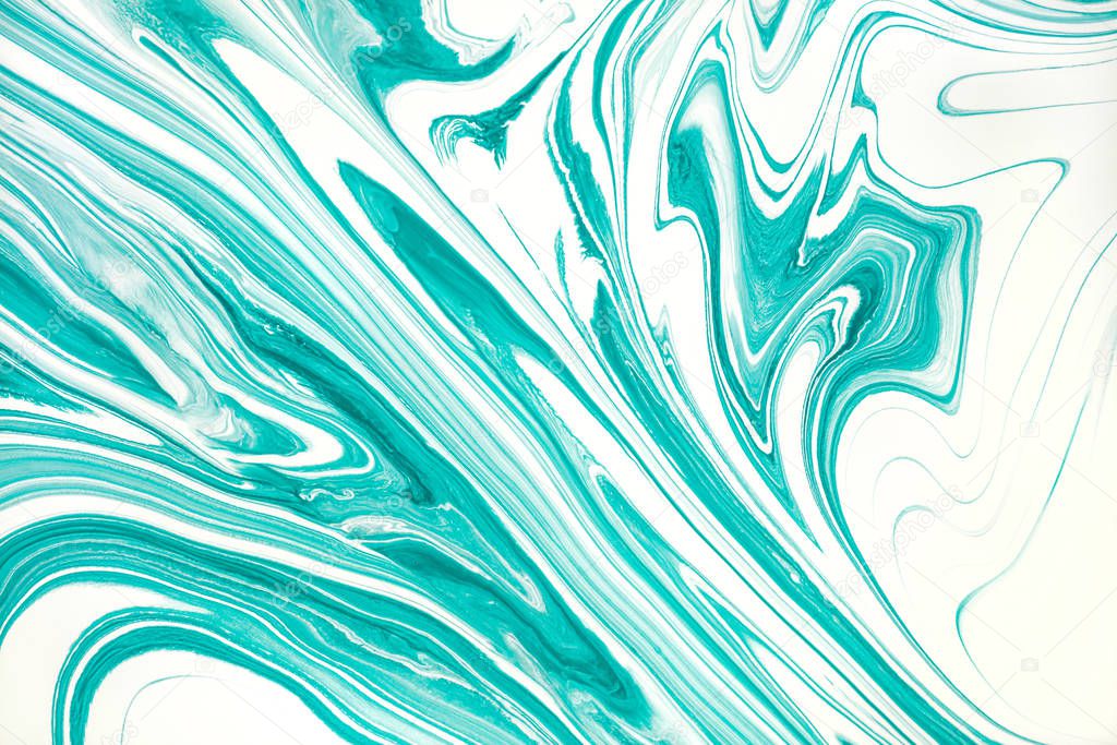 Mint green and white paint marbling flow background.