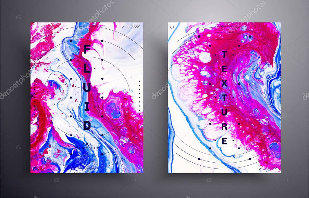 Marbled purple, white and blue background texture. Hand painted bright flow wallpaper. Abstract colored paint mix, oil liquid dynamic art. Creative, beautiful minimalist fluid artwork.