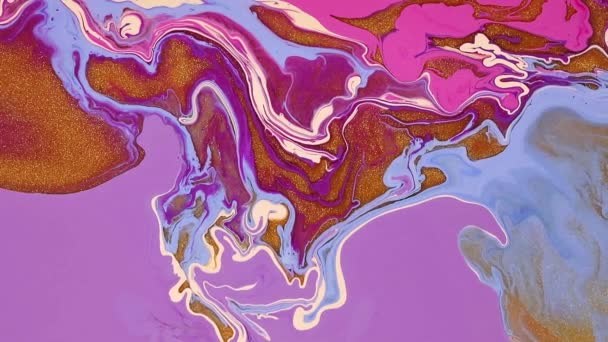 Paint flow abstract background footage. Colorful liquid motion creative backdrop. Watercolor texture close up. Pink and purple paint, glitter mixing abstract background footage. — Stock Video