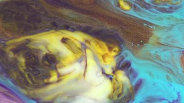 Contemporary fluid art, acrylic flow animation. Colorful liquid, oil paints, aquarelle dyeing motion. Watercolor mix texture close up. Liquid paint patterns of moving surface. Flowing in chaotic.