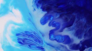 Yavaş çekimde akışkan sanat resimleri. Soyut doku çizimleri. Sıvı arkaplan tasarımı. Karışık boya ve akrilik sıvı yayılıyor. Mavi ve beyaz renk akış animasyonu.