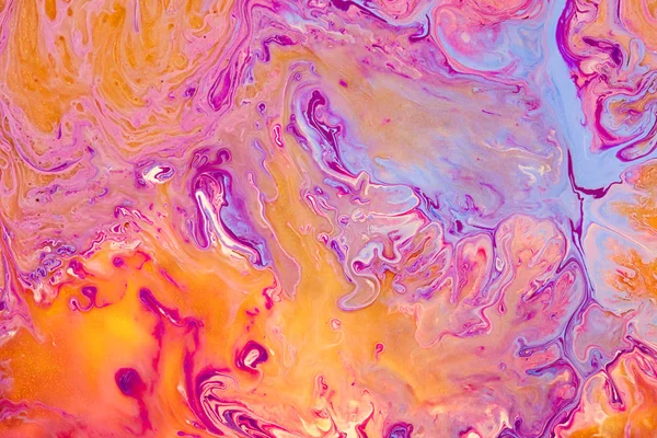 Fluid art texture. Backdrop with abstract swirling paint effect. Liquid acrylic picture with flows and splashes. Mixed paints for interior poster. Purple, golden, orange and blue overflowing colors.