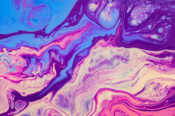 Fluid art texture. Abstract backdrop with iridescent paint effect. Liquid acrylic artwork with flows and splashes. Mixed paints for website background. Purple, pink, blue and white overflowing colors.