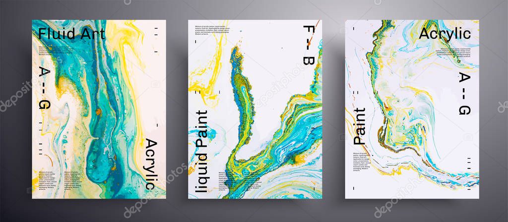 Abstract vector poster, texture pack of fluid art covers. Artistic background that can be used for design cover, poster, brochure and etc. Blue, yellow, green and white creative surface template.