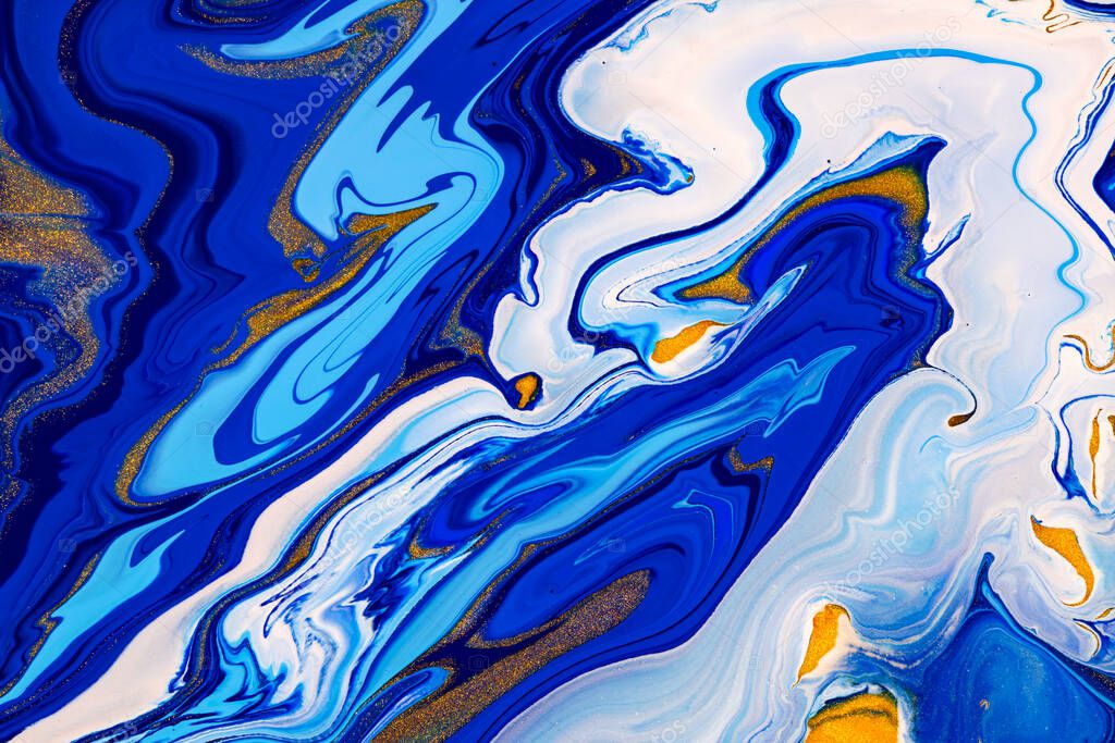 Fluid art texture. Background with abstract iridescent paint effect. Liquid acrylic artwork with trendy mixed paints. Can be used for website background. Blue, golden and white overflowing colors.