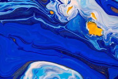 Fluid art texture. Backdrop with abstract swirling paint effect. Liquid acrylic picture that flows and splashes. Mixed paints for website background. Blue, golden and white overflowing colors. clipart