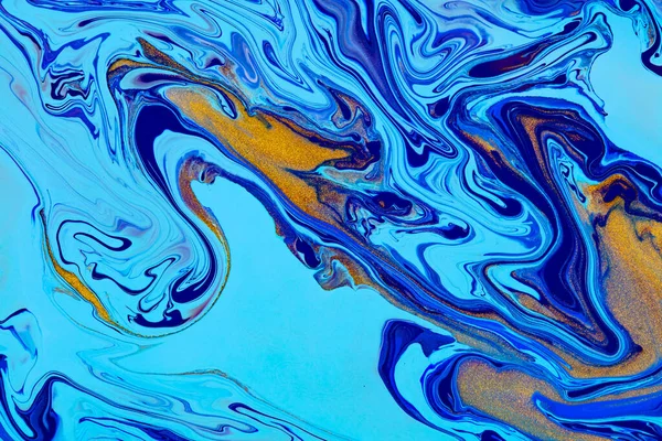 Fluid art texture. Abstract backdrop with swirling paint effect. Liquid acrylic artwork with trendy mixed paints. Can be used for website background. Blue, golden and cyan overflowing colors. — Stock Photo, Image