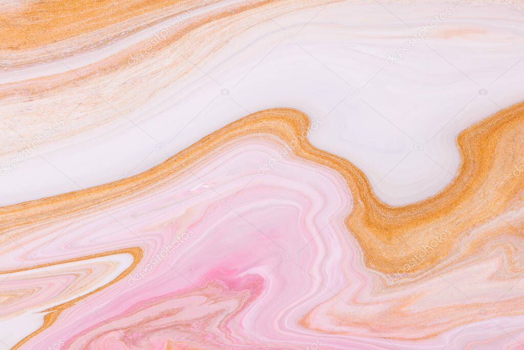 Fluid art texture. Abstract backdrop with iridescent paint effect. Liquid acrylic artwork with beautiful mixed paints. Can be used for interior poster. Golden, pink and white overflowing colors.