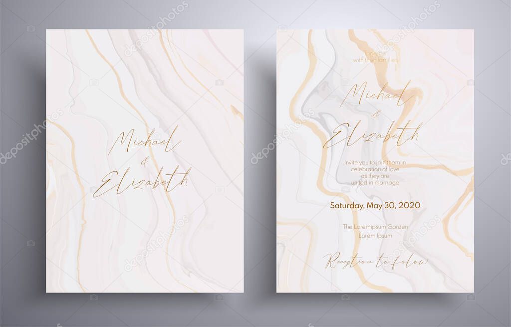 Wedding invitation pattern with waves and swirl. Vector cards with marble design. Elegant template with space for your text. Beige and white overflowing colors.
