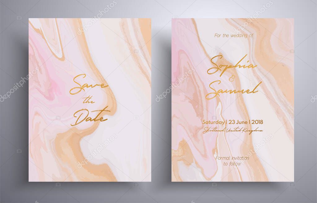 Wedding invitation pattern with waves and swirl. Vector cards with marble design. Elegant template with space for your text. Pink, beige and white overflowing colors.