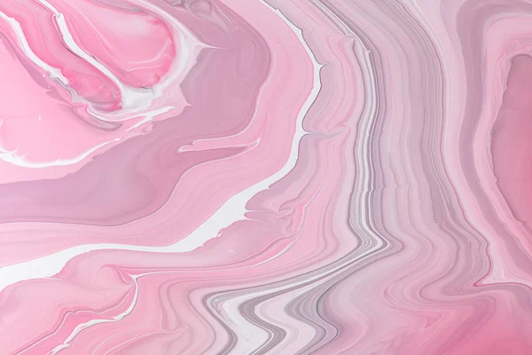 Texture fluida. Sfondo astratto con effetto di miscelazione vernice. Immagine acrilica liquida con flussi e spruzzi. Pitture miste per lo sfondo del sito web. Colori traboccanti di lavanda, rosa e bianco . — Foto Stock