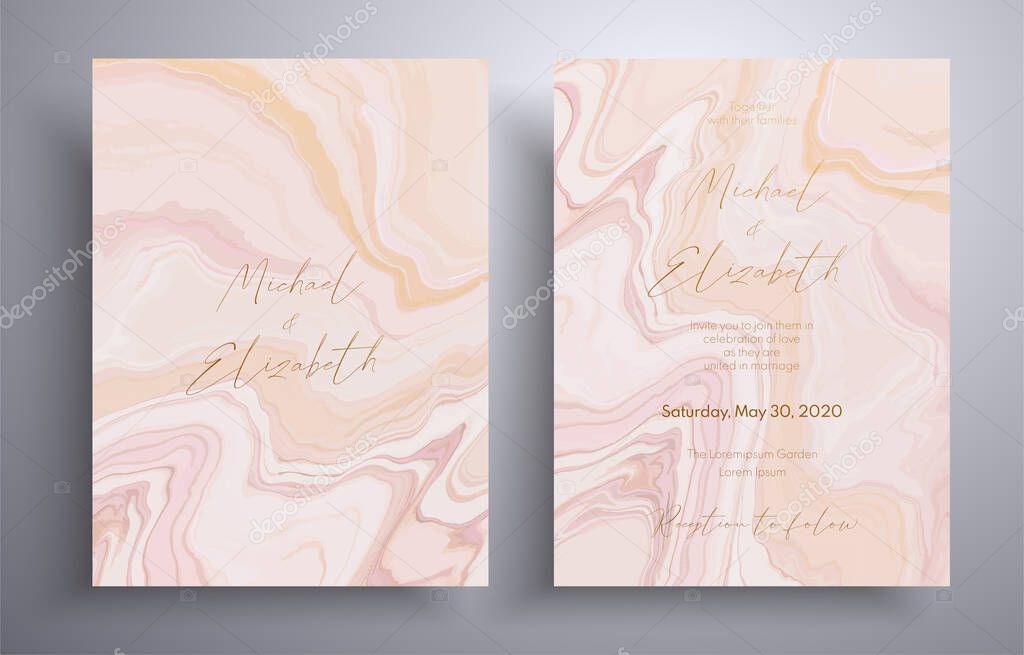 Vector wedding invitation with with swirling paint effect. Pink, beige and white overflowing colors. Beautiful cards that can be used for design cover, invitation, greeting cards, brochure and etc.