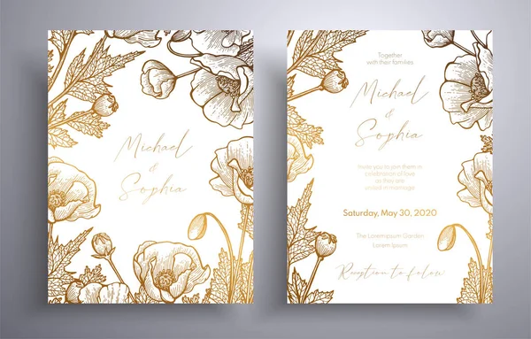 나뭇잎 과 꽃으로 된 황금색 초대입니다. 여러분의 텍스트를 위한 공간 이 있는 식물적 인 템플릿 이 있습니다. 디자인 표지, 초대장, 인사 카드, 팜플렛등에 사용 할 수있는 아름다운 카드들. — 스톡 벡터