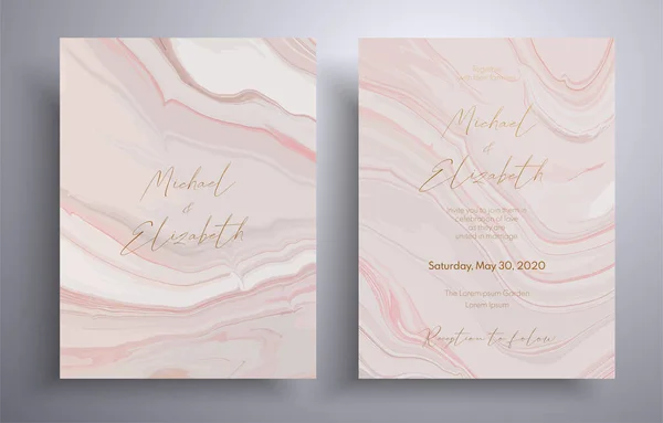 Invitación de boda vectorial con efecto de pintura giratoria. Rosa, beige y blanco colores desbordantes. Hermosas tarjetas que se pueden utilizar para la cubierta de diseño, invitación, tarjetas de felicitación, folleto y etc. . — Vector de stock