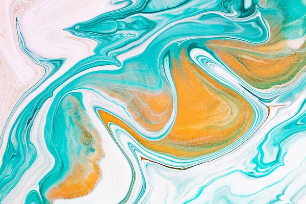 Fluid art texture. Abstract backdrop with iridescent paint effect. Liquid acrylic artwork that flows and splashes. Mixed paints for interior poster. White, mint and golden overflowing colors.