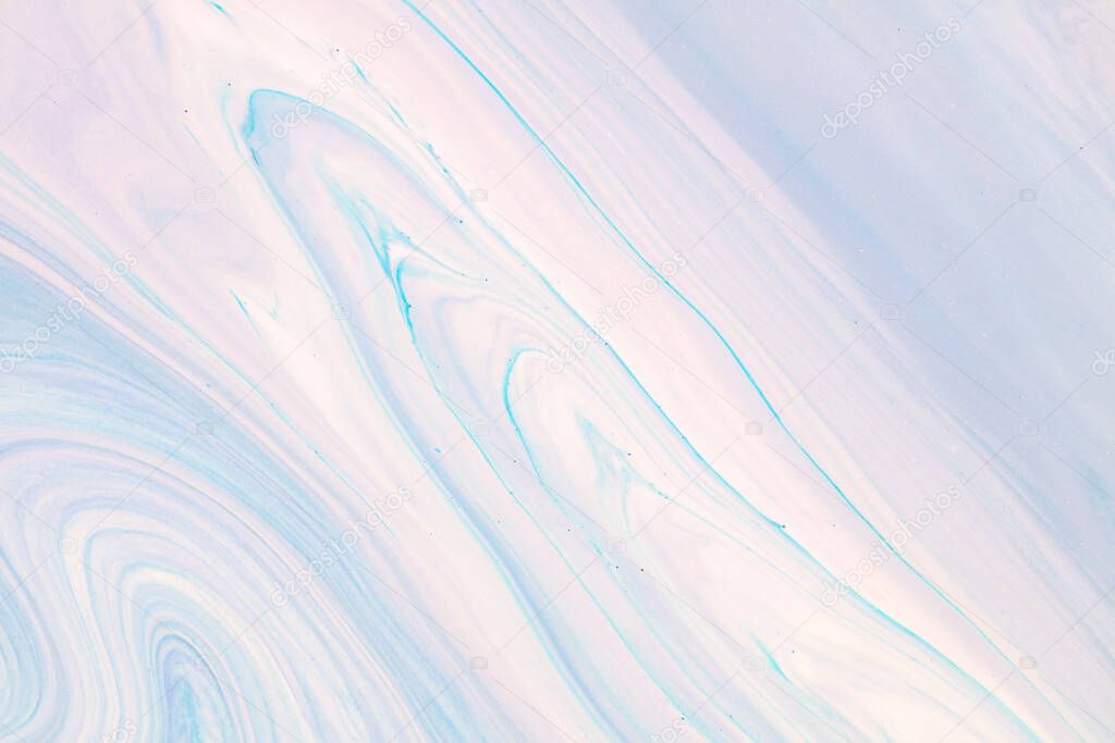 Fluid art texture. Background with abstract iridescent paint effect. Liquid acrylic artwork with trendy mixed paints. Can be used for website background. Blue, pink and lilac overflowing colors.
