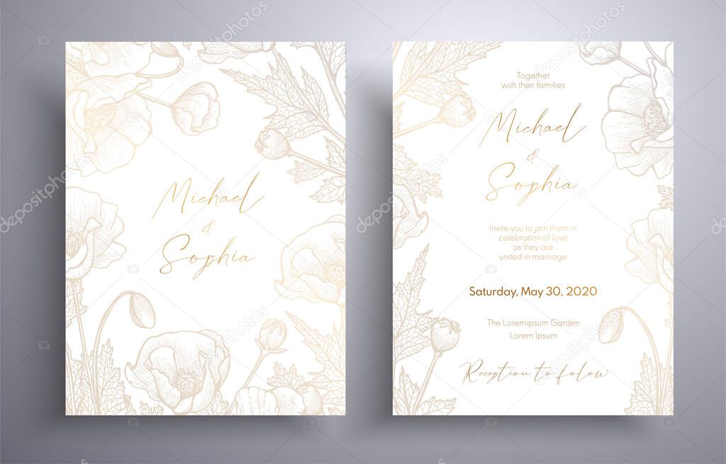 Golden invitation with frame of leaves and flowers. Botanical template with space for your text. Beautiful cards that can be used for design cover, invitation, greeting cards, brochure and etc.
