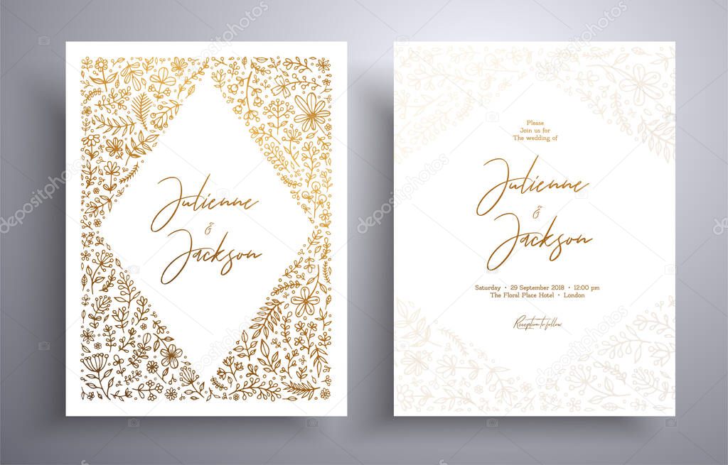 Golden invitation with frame of leaves and flowers. Botanical template with space for your text. Beautiful cards that can be used for design cover, invitation, greeting cards, brochure and etc.