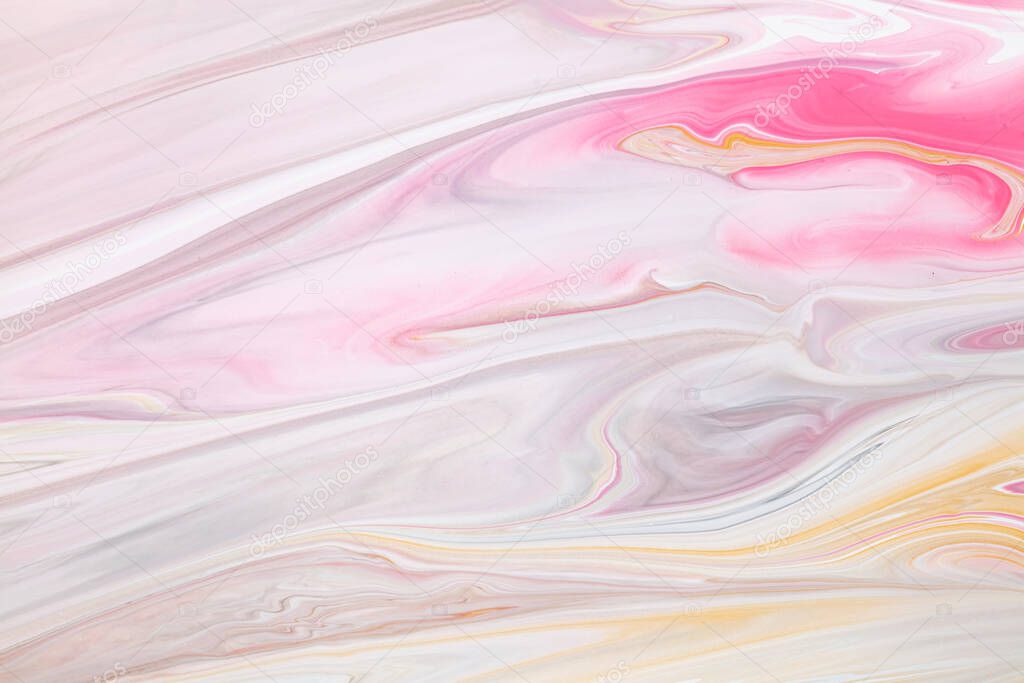 Fluid art texture. Abstract backdrop with mixing paint effect. Liquid acrylic artwork with trendy mixed paints. Can be used for website background. Lavender, pink and white overflowing colors.