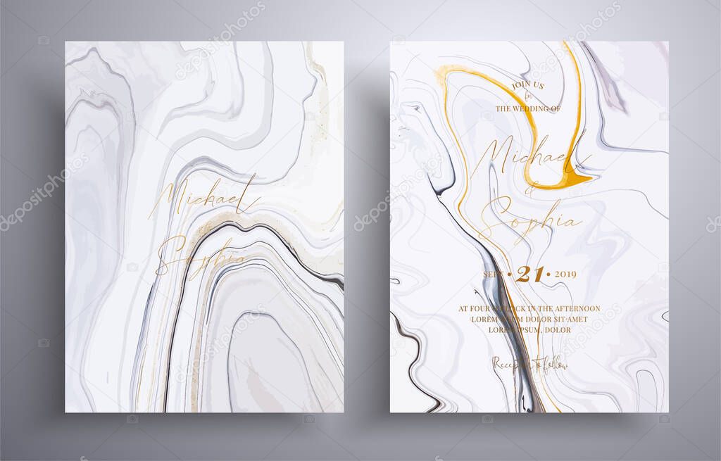 Vector wedding invitation with marble pattern. Golden, black and white overflowing colors. Beautiful cards that can be used for design cover, invitation, greeting cards, brochure and etc.