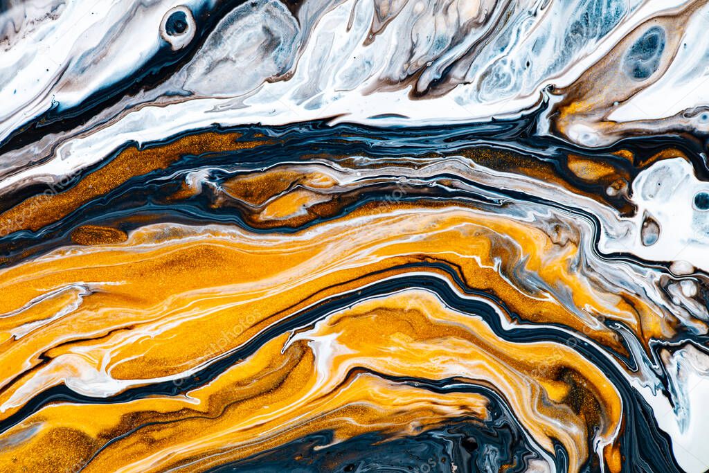 Fluid art texture. Backdrop with abstract mixing paint effect. Liquid acrylic picture with beautiful mixed paints. Can be used for interior poster. White, navy blue and golden overflowing colors.