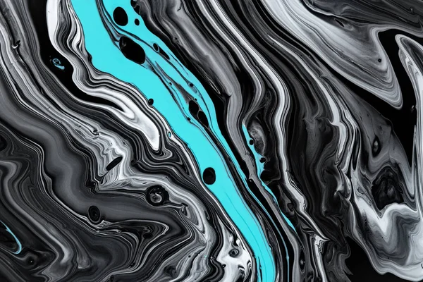 Υγρή υφή τέχνης. Αφηρημένο φόντο με στροβιλιζόμενο χρώμα αποτέλεσμα. Υγρό ακρυλικό έργο τέχνης που ρέει και πιτσιλιές. Μικτή χρώματα για φόντο ιστοσελίδα. Μαύρο, λευκό και aquamarine ξεχειλίζει χρώματα. — Φωτογραφία Αρχείου