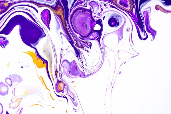 Fluid art texture. Abstract backdrop with iridescent paint effect. Liquid acrylic artwork with chaotic mixed paints. Can be used for posters or wallpapers. Violet, white and golden overflowing colors.