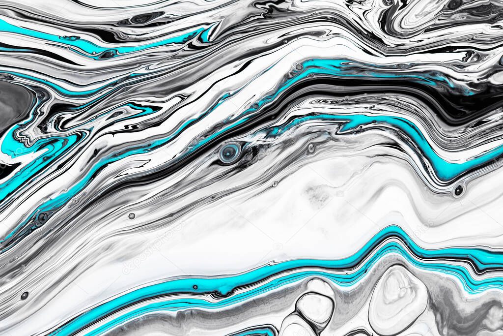 Fluid art texture. Backdrop with abstract swirling paint effect. Liquid acrylic picture that flows and splashes. Mixed paints for interior poster. Black, white and blue overflowing colors.