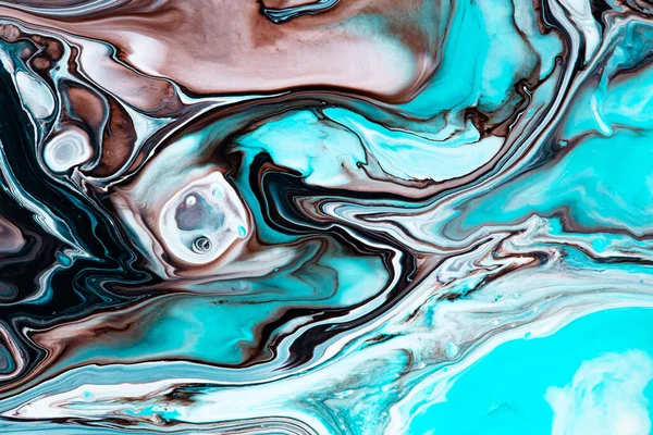 Fluid art texture. Backdrop with abstract swirling paint effect. Liquid acrylic artwork with chaotic mixed paints. Can be used for posters or wallpapers. Blue, black and brown overflowing colors.