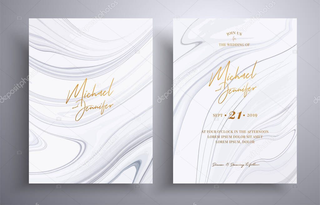 Vector wedding invitation with marble pattern. Black and white overflowing colors. Beautiful cards that can be used for design cover, invitation, greeting cards, brochure and etc.
